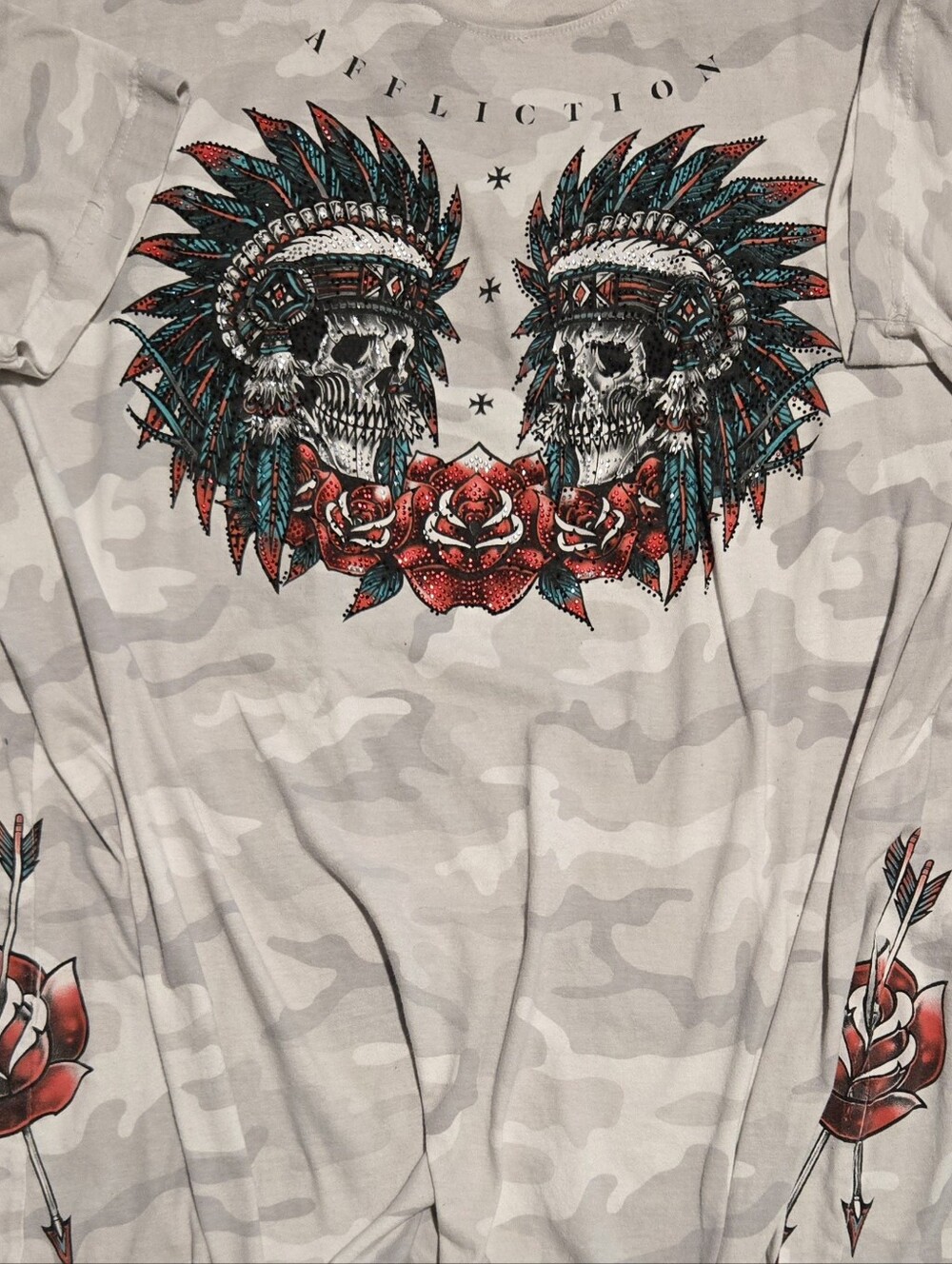 Affliction Black Label ,Short Sleeve Tee with Teal, Red, White Graphic - Picture 2 of 2
